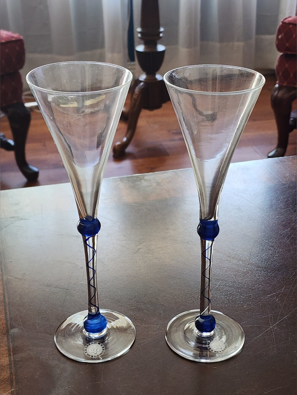 Handblown Clear Glass Champagne Flutes with Blue Accent - Set of 2